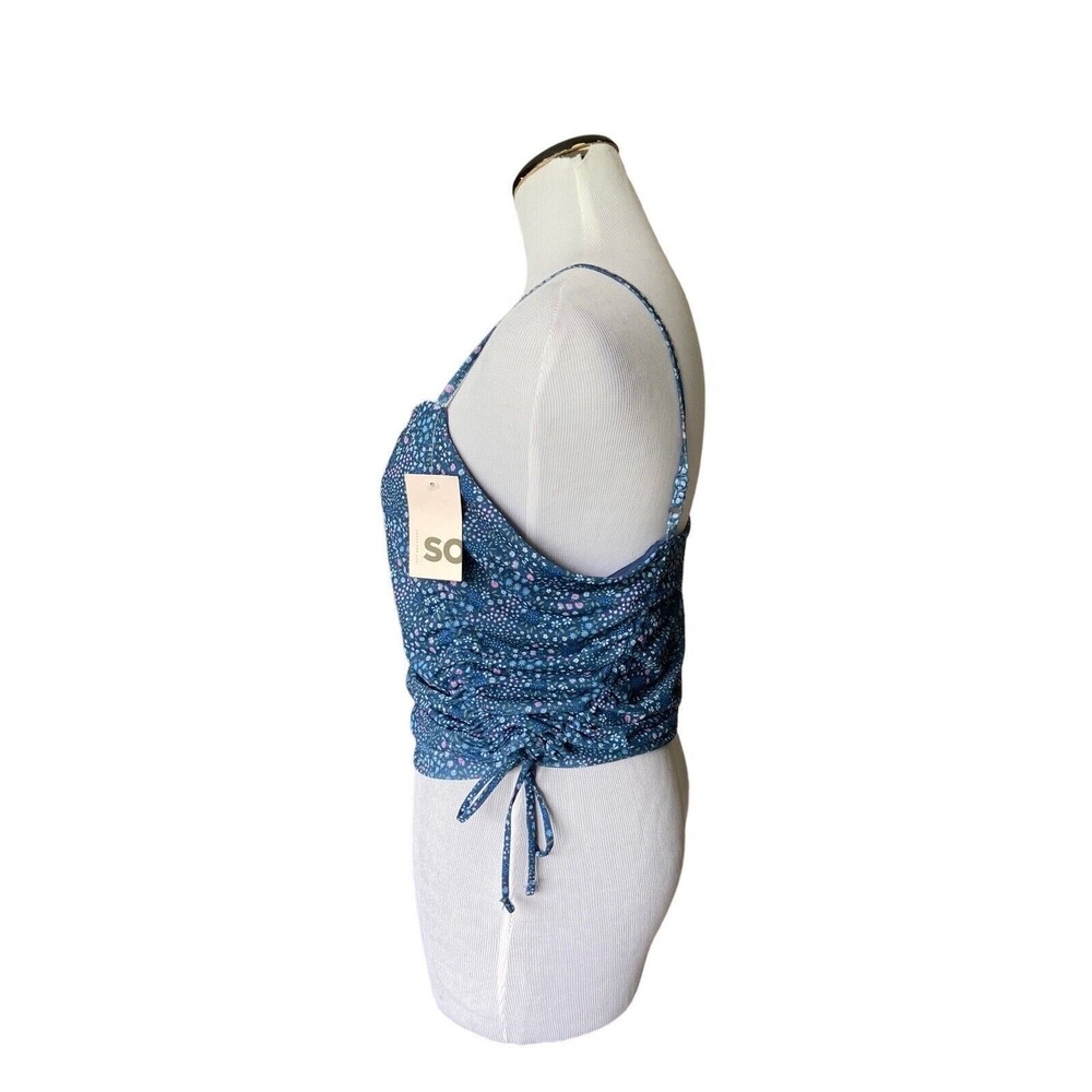 SO Womens Spaghetti Strap Crop Top Size XXL Jrs Blue Floral Ruched Sides Summer - Picture 2 of 14
